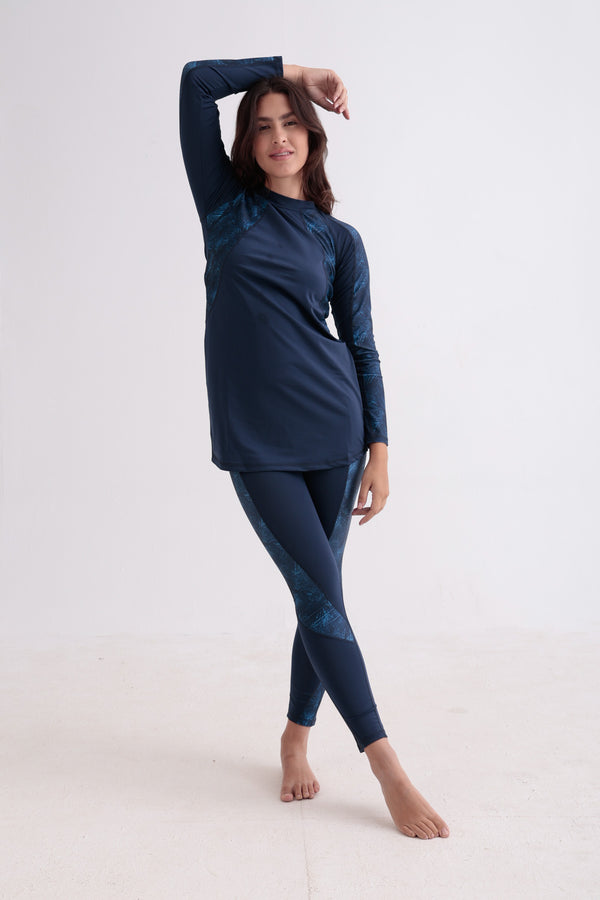 Asymmetrical Basic Swimsuit - Navy Palm