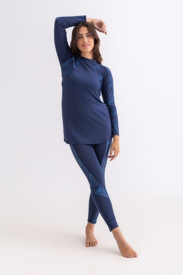 Asymmetrical Basic Swimsuit - Navy Palm
