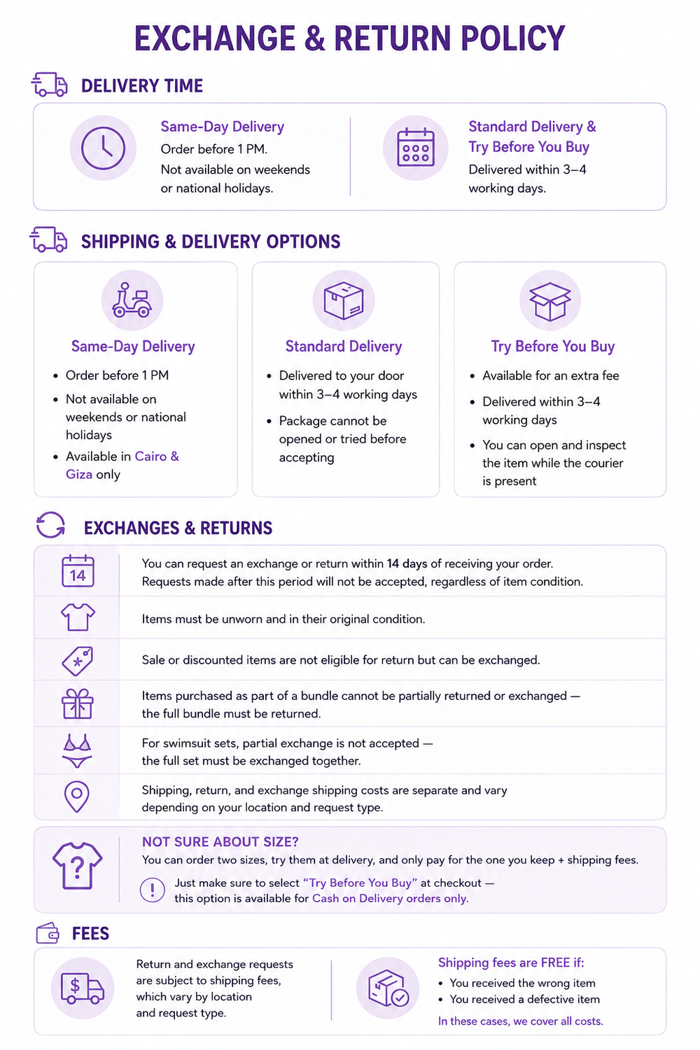 Exchange and return policy in English